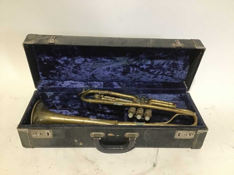 Old Trumpet In Blue Velvet Lined Case